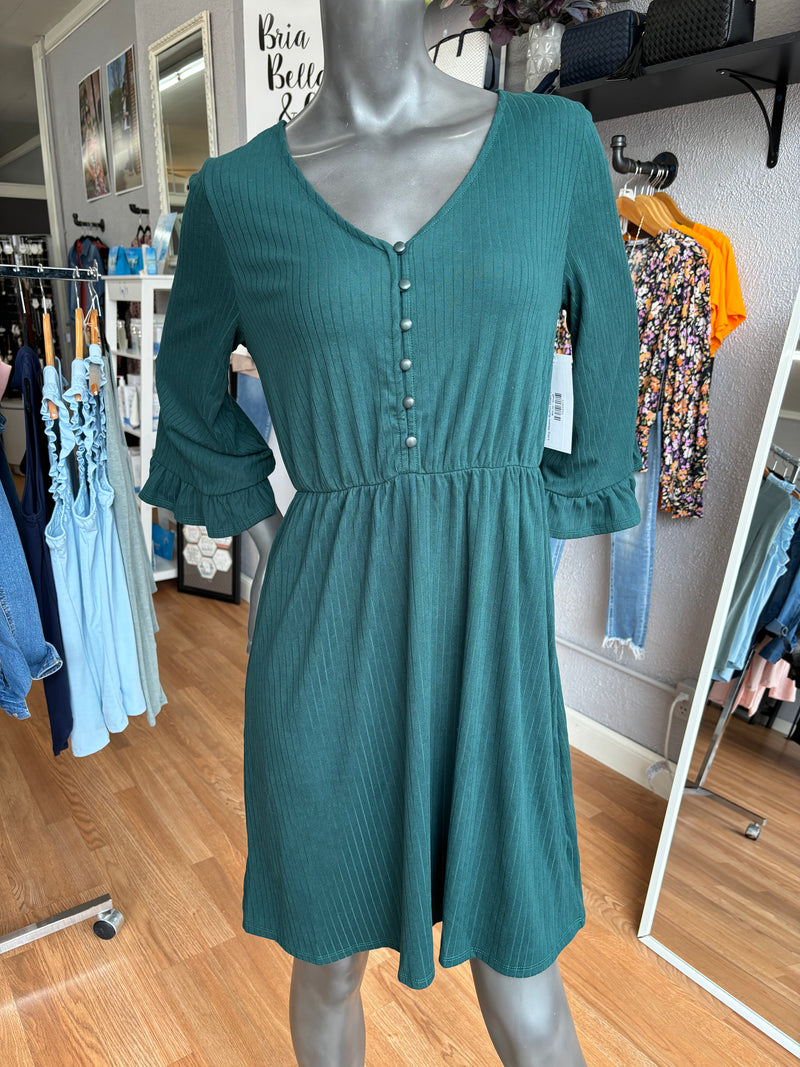 Long Sleeve Button Down Dress - Green